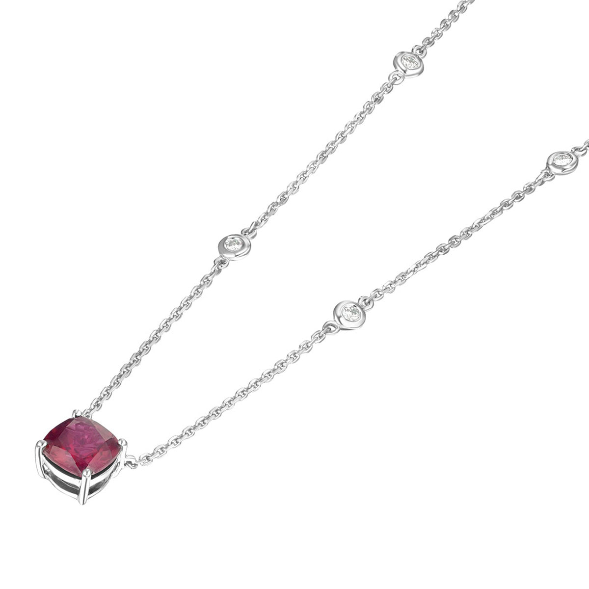 Astra 2.00ct Lab Ruby and Diamond Solitaire Cushion Cut Necklace in Silver